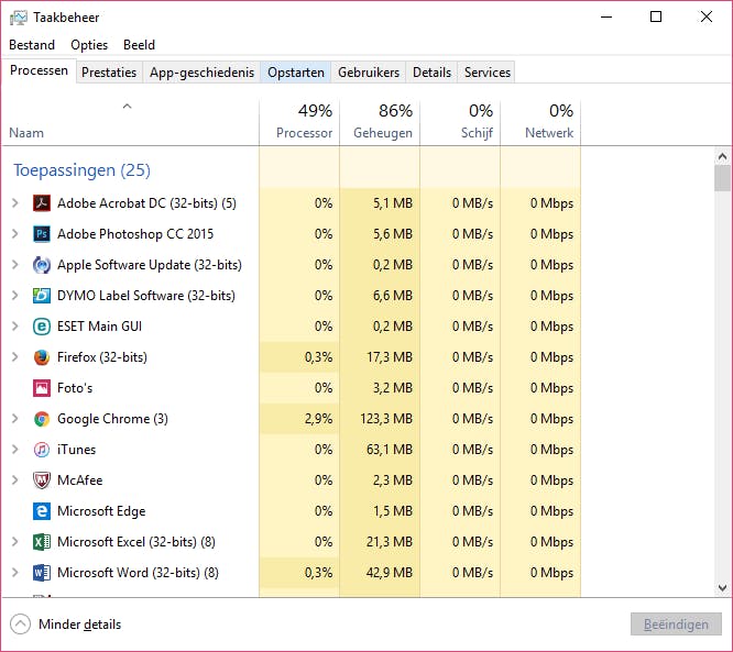 Met Ctrl+Shift+Esc open je direct Taakbeheer.