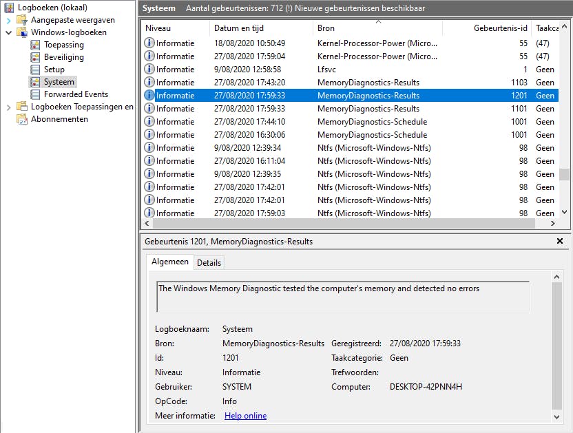 Ook na de herstart kun je in de logboeken terecht voor het resultaat van de ramcheck.