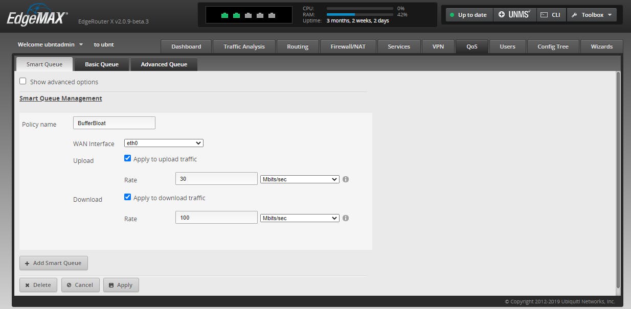 06 Het inschakelen van SQM op een EdgeRouter is een kwestie van je down- en uploadsnelheid invullen.