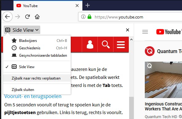 Je kunt de smalle balk ook aan de rechterkant van het venster tonen.