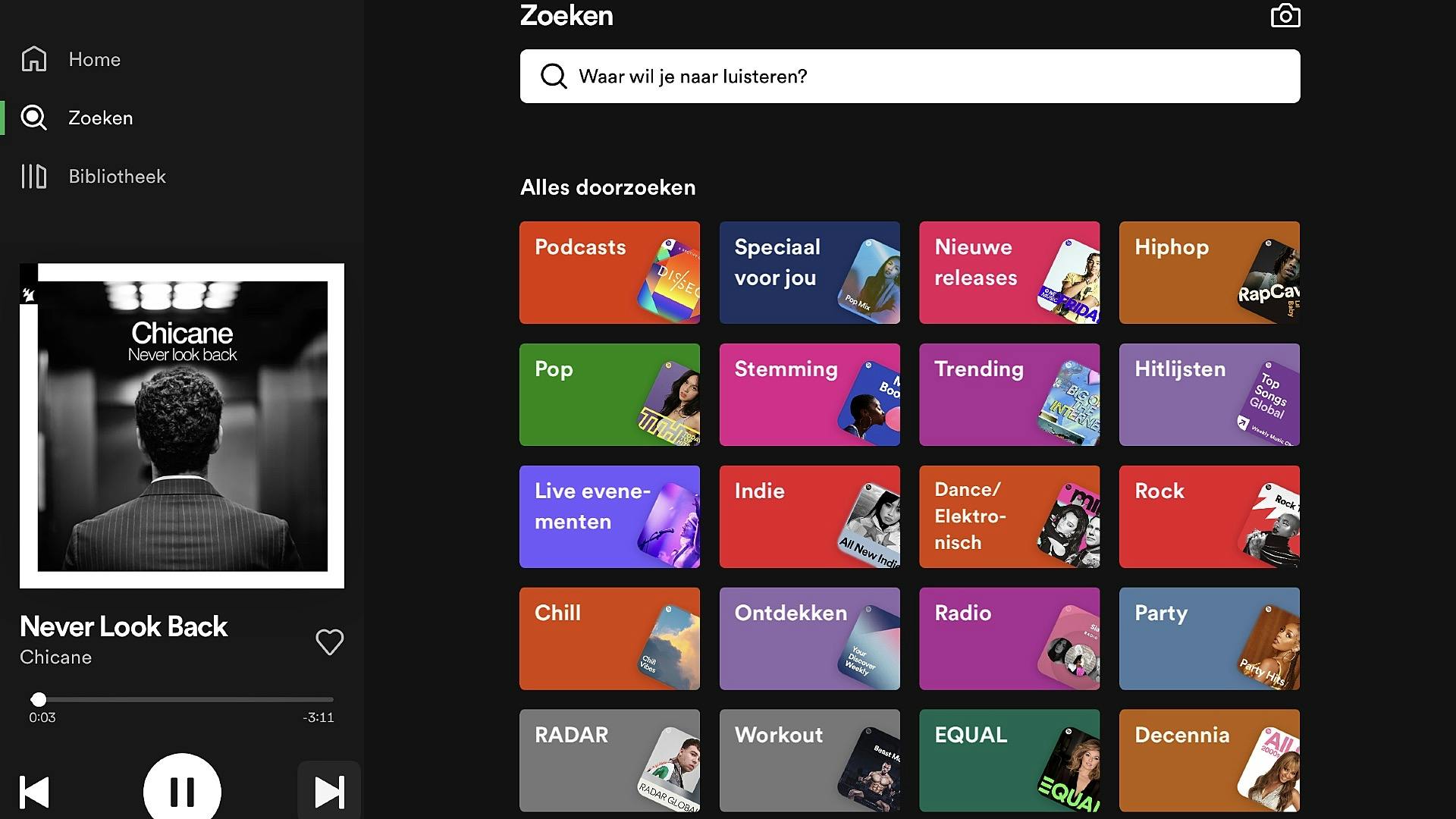 Gebruikersinterface van Spotify, in zoekmodus met genres