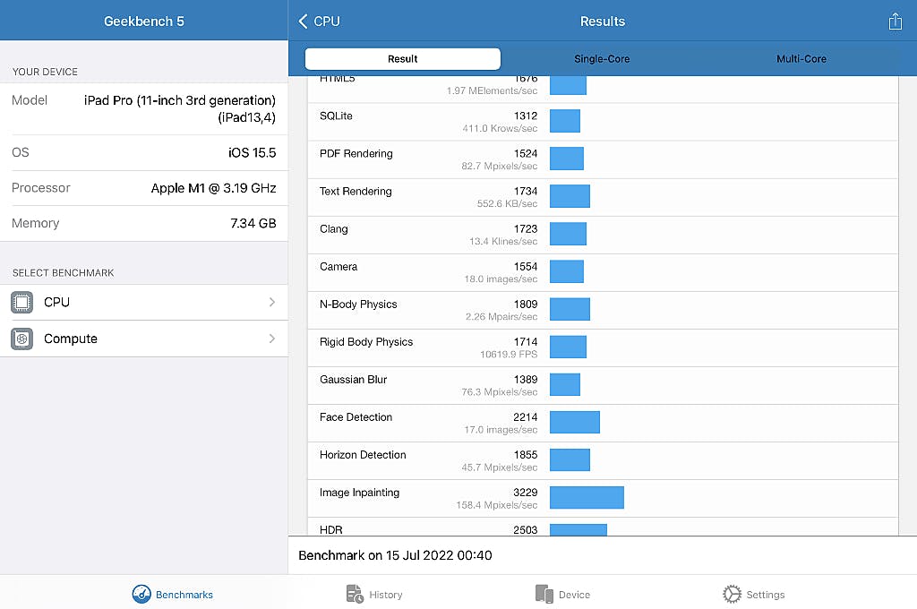 Geekbench genereert een score op basis van dagelijks gebruikte code op je apparaat, verdeeld over generieke CPU-code en GPU-ondersteunde code.