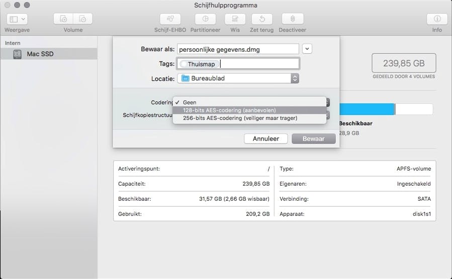 Versleutelde mappen komen in een beveiligd schijfkopiebestand terecht.