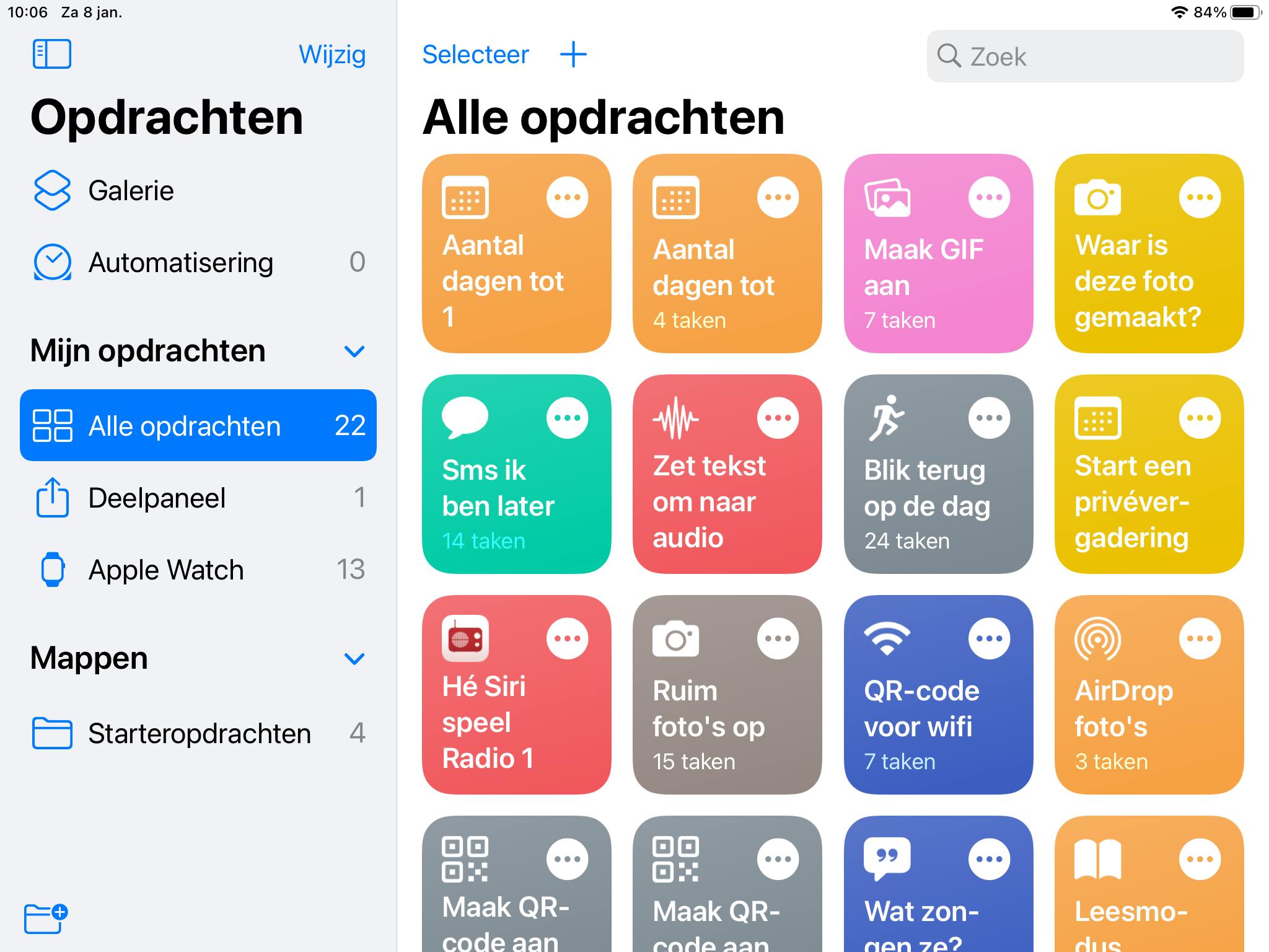 In het zijpaneel van Opdrachten organiseer je de snelkoppelingen.