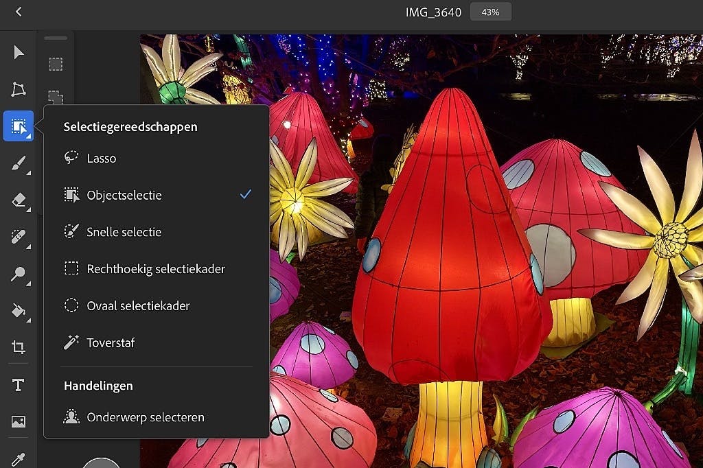 Kies in het gereedschaps-submenu voor de optie Objectselectie.