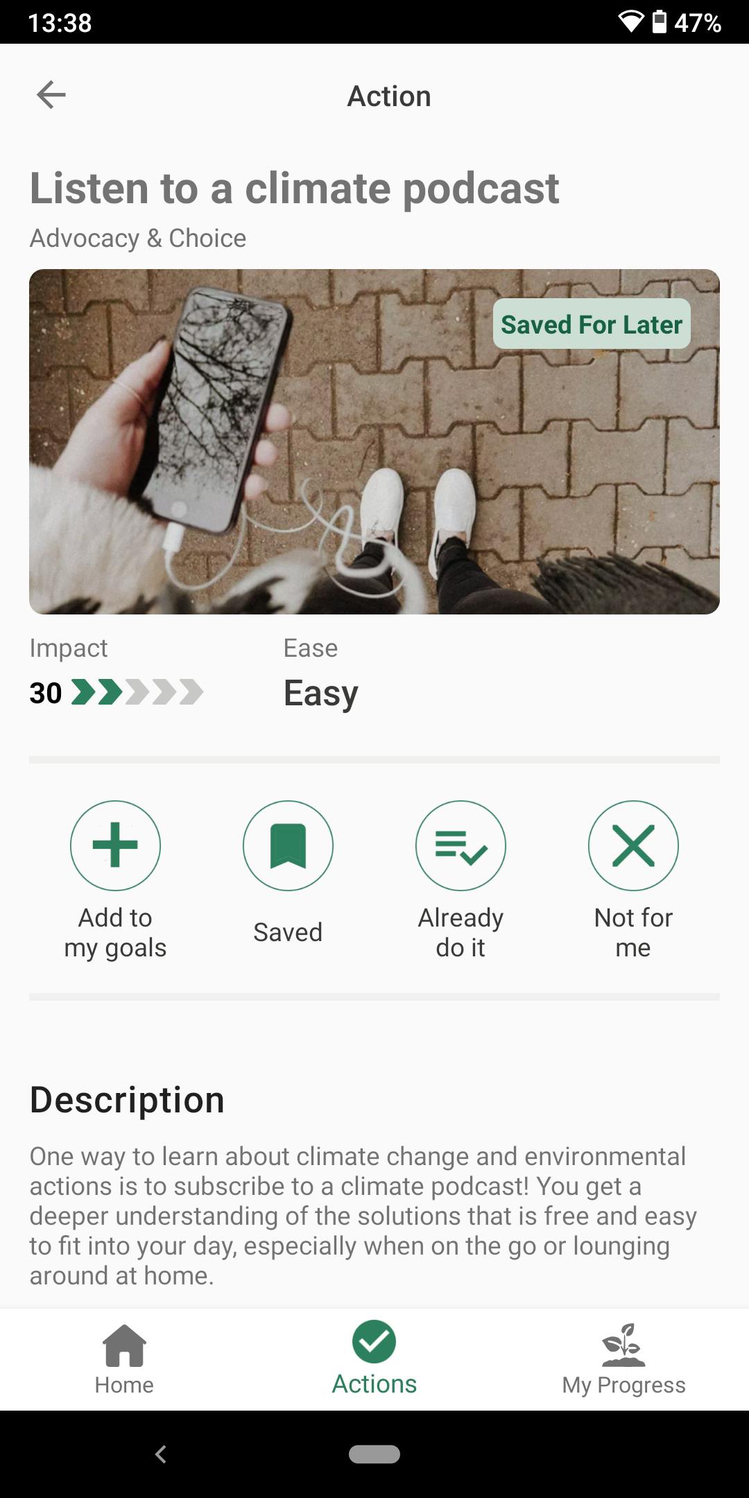 Acties kun je toevoegen aan je lijst met doelen of bewaren voor later.