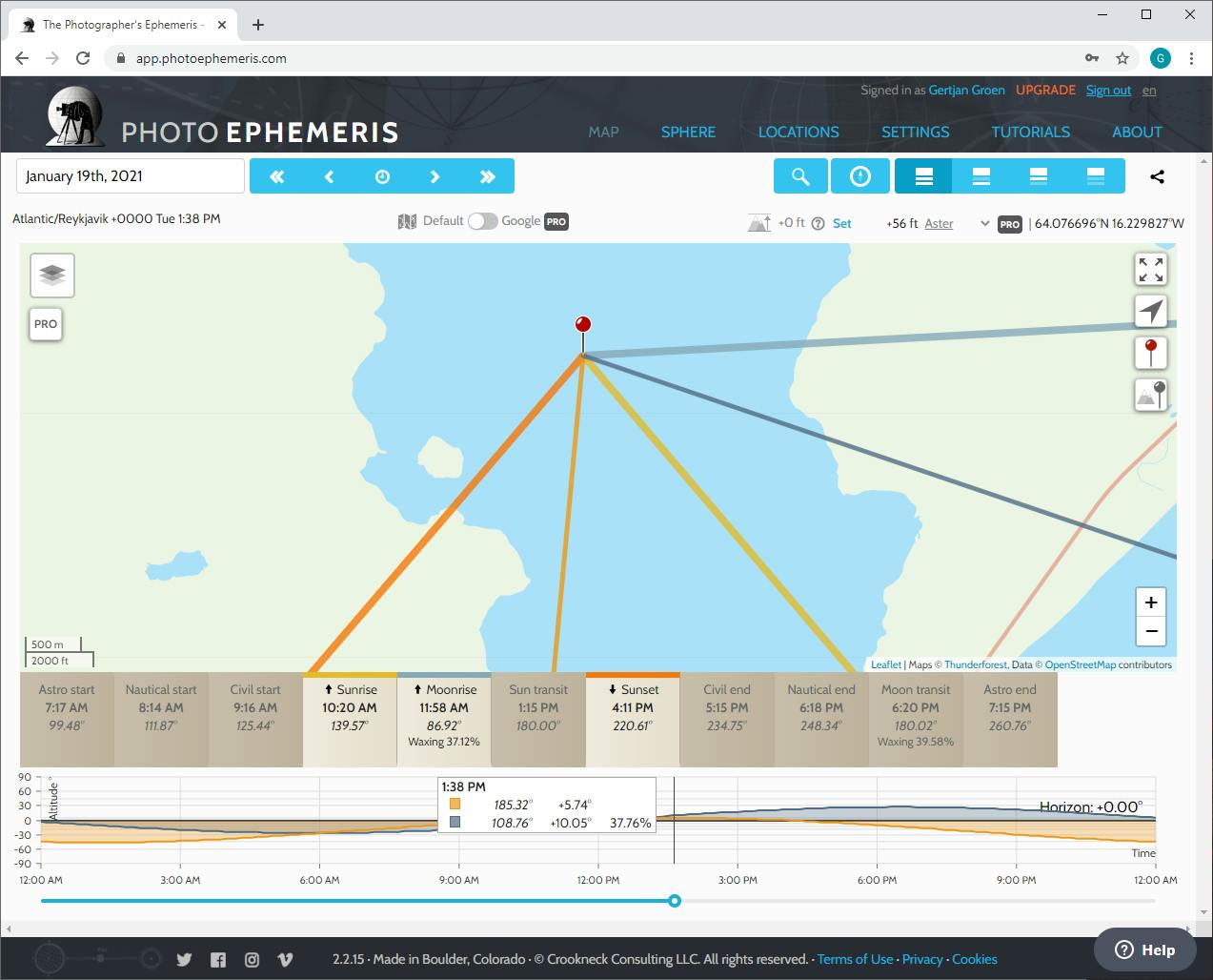 Ook The Photographer’s Ephemeris geeft inzicht in de stand van de zon en de maan.