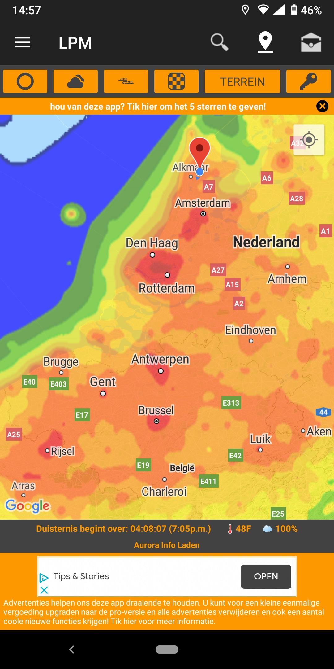 Deze app laat op een kaart zien hoe groot de lichtvervuiling is, waar ook ter wereld.