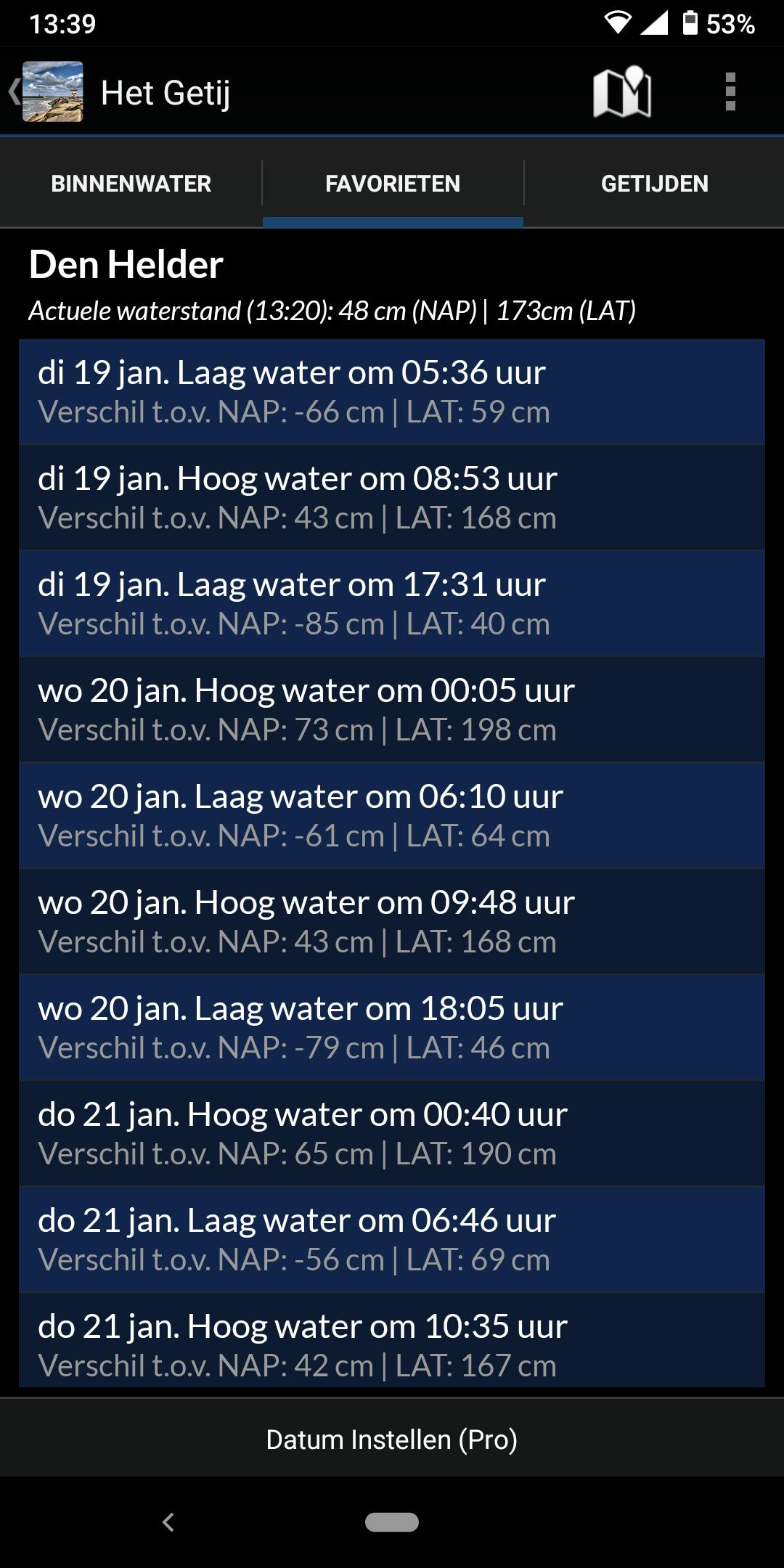 Het Getij biedt getijdata voor alle meetpunten van Rijkswaterstaat.