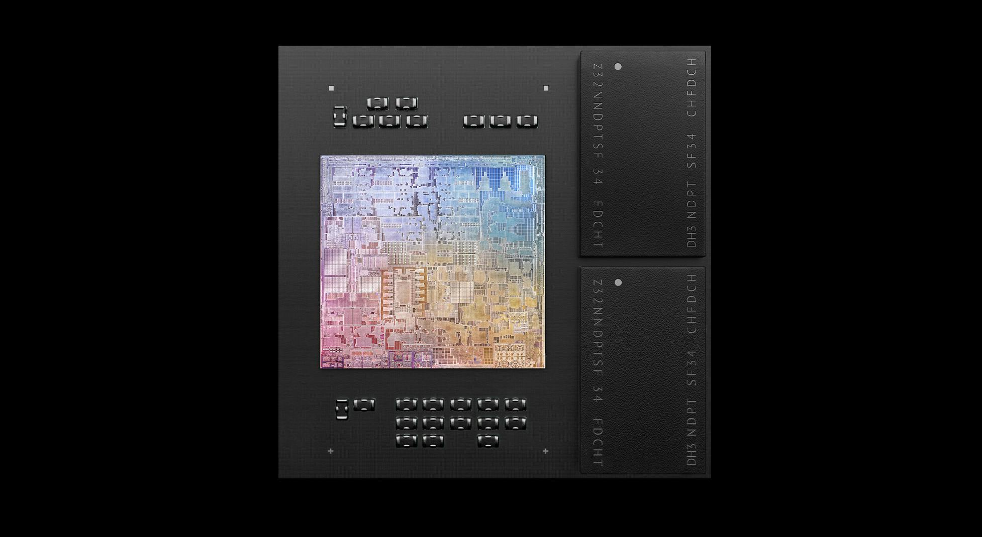 De ram (rechts) is geïntegreerd in de M1-chip.