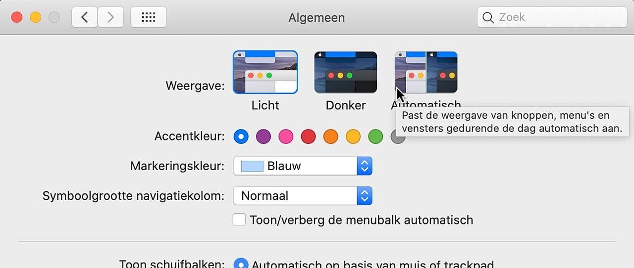 In macOS Catalina is het mogelijk om automatisch tussen lichte en donkere modus te schakelen