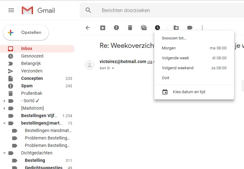 Tip 05 Door mails te snoozen kun je ze terug laten komen als het jou beter uitkomt.