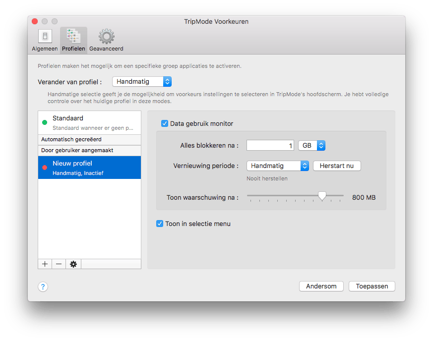 Geef aan na hoeveel megabyte de verbinding moet worden verbroken.