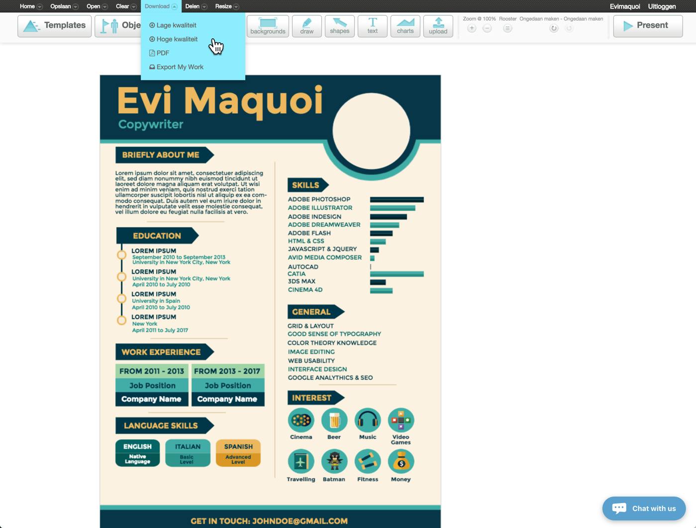 Je kunt het resultaat downloaden in verschillende kwaliteiten.