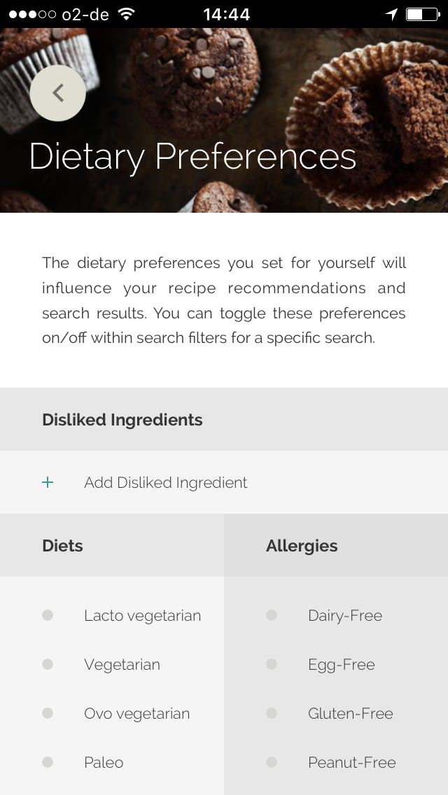 Ga eerst naar de Dietary Preferences en geef aan wat je wel en niet eet.