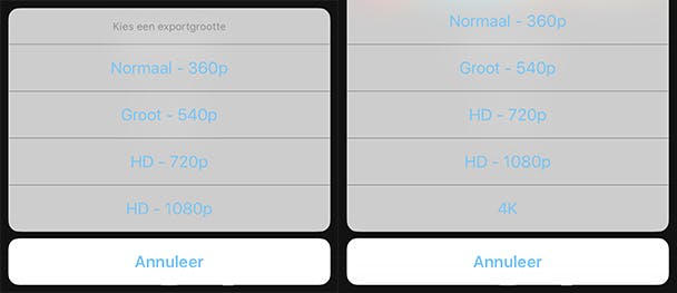 Een video die is geïmporteerd in iMovie (rechts) exporteert wél naar 4K)