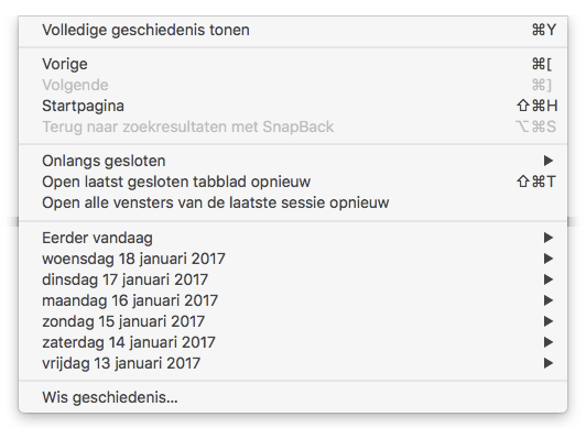 Druk op de Option-toets en 'Wis geschiedenis' verandert in 'Wis geschiedenis en behoud websitegegevens'.