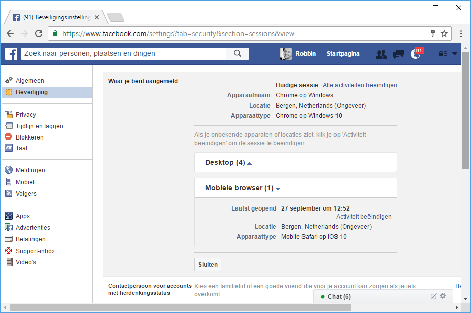 Controleer waar je bent aangemeld met je Facebook-account.