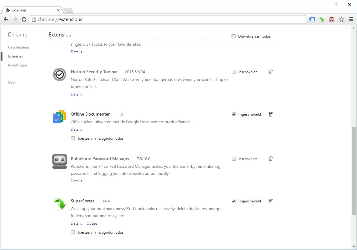 De uitbreidingen van Google Chrome heten extensies en worden getoond in één overzicht.