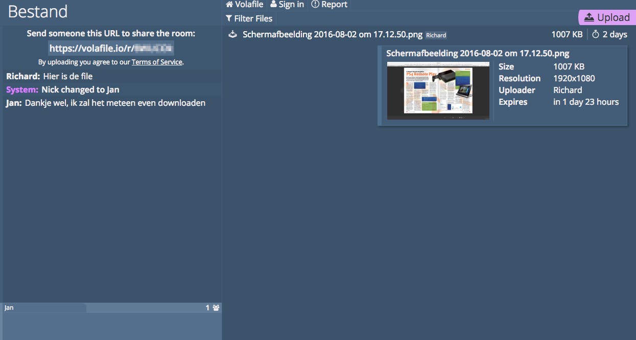 Tip 08 Met Volafile kun je chatten en bestanden delen met anderen.