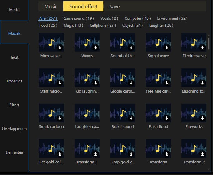 De geluidseffecten zijn korte audioclips die je aan de video toevoegt.