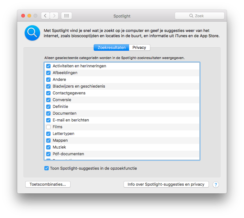 Haal het vinkje voor Films weg als je deze niet in je zoekresultaten wilt opnemen.