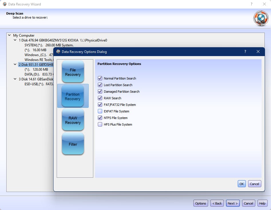 Je kunt de herstelsuite ook naar (corrupte) partities van een specifiek type laten zoeken.