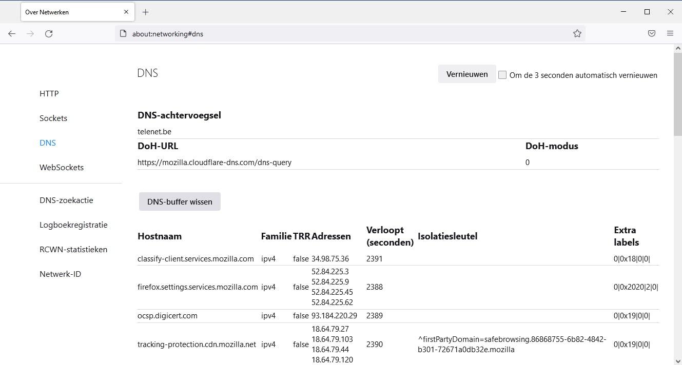 Netwerkclients als browsers zetten vaak ook een eigen DNS-buffer in (hier Firefox).