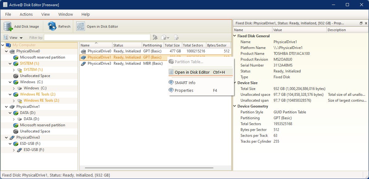 Vanuit Active@ Disk Editor kun je zowel fysieke schijven als logische mapstructuren benaderen.