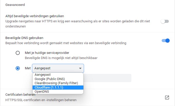 Beveiligd DNS (DoH) in Chrome.