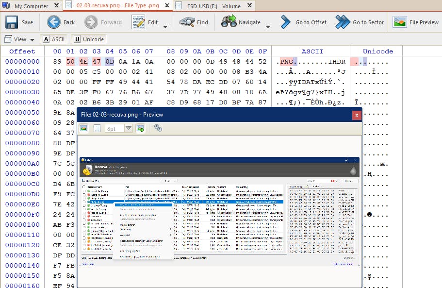 Pas na een hersteloperatie van de bestandsheader konden we van deze (met opzet verwijderde) png-afbeelding een preview zien.