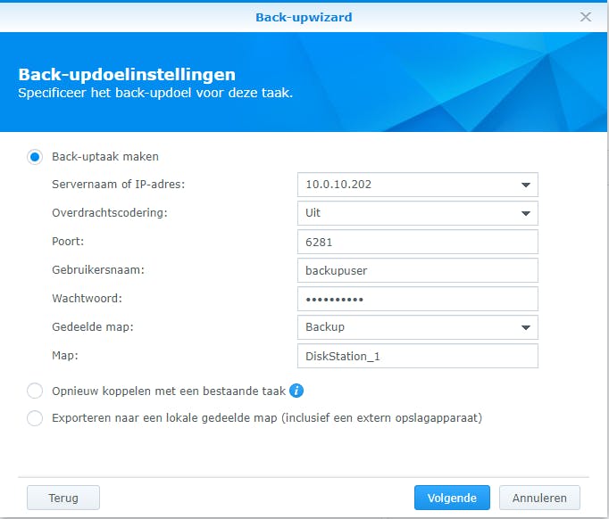 Bij de bron kiezen we de tweede Synology-NAS als bestemming.