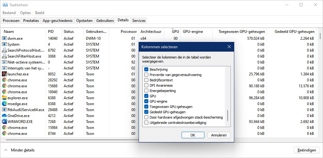 Ga na hoe zwaar elk proces je gpu belast en welke engines worden aangesproken.