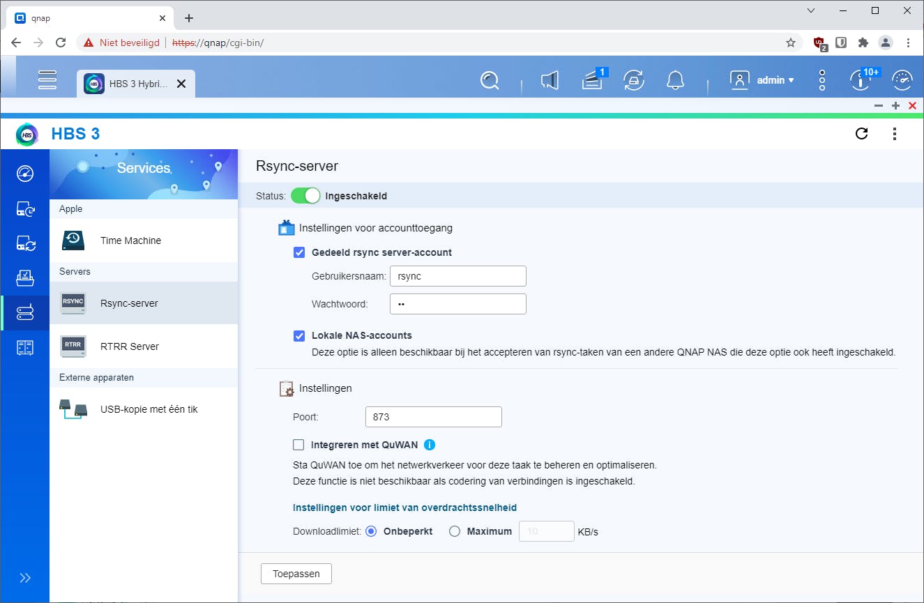 Zorg dat de rsync-server op de QNAP is ingeschakeld.