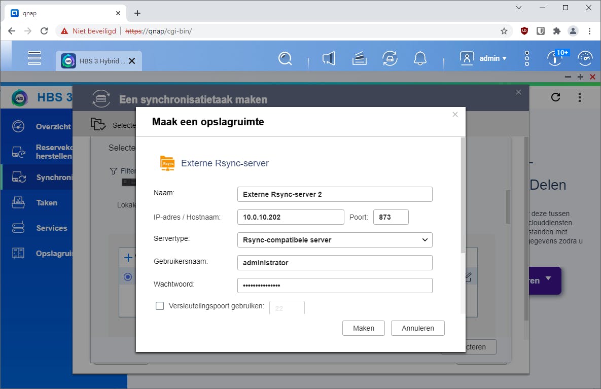 Op de QNAP-NAS maken we een taak voor synchronisatie in één richting aan.