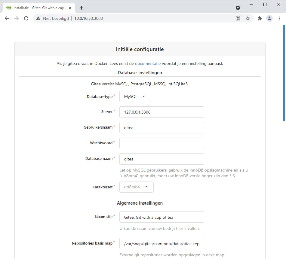 Via de browser kun je de configuratie voor Gitea afhandelen.