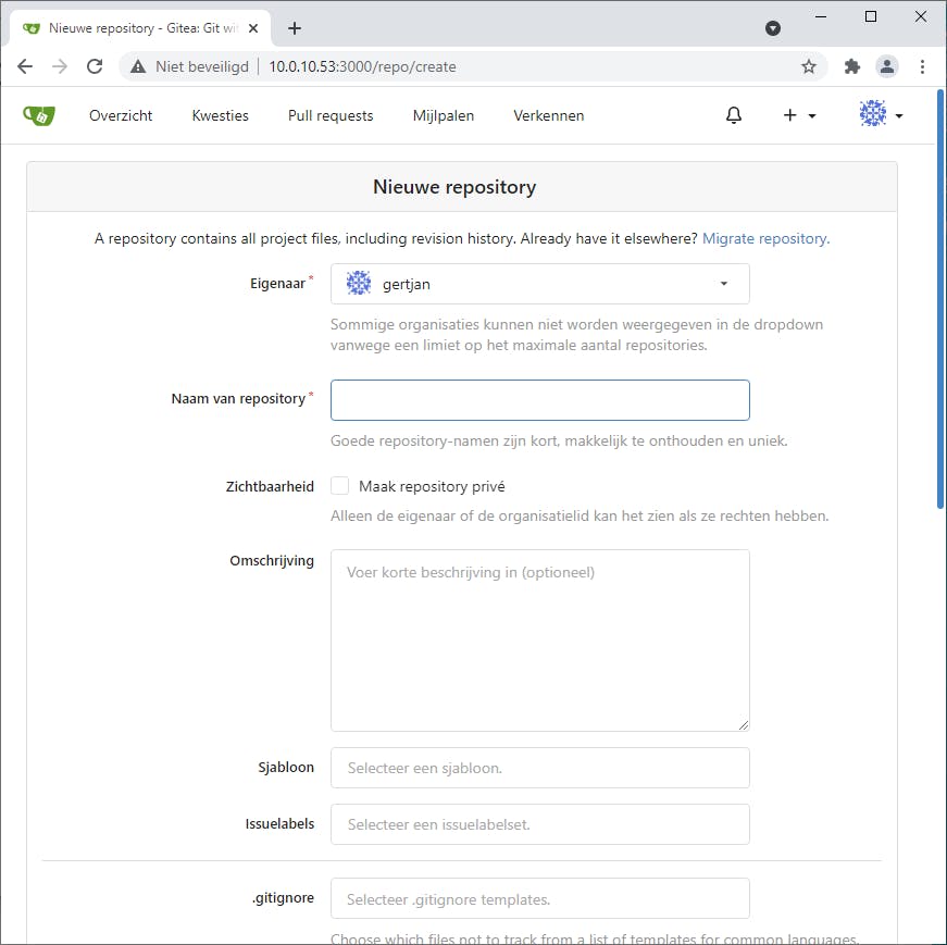 Vanuit de webinterface van Gitea maak je een nieuwe repository.