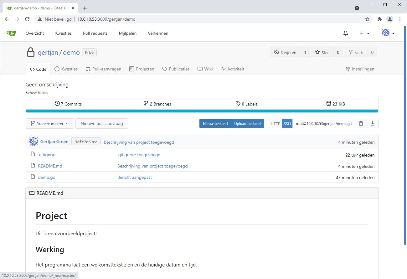 De beschrijving voor het project hebben we toegevoegd aan Gitea.