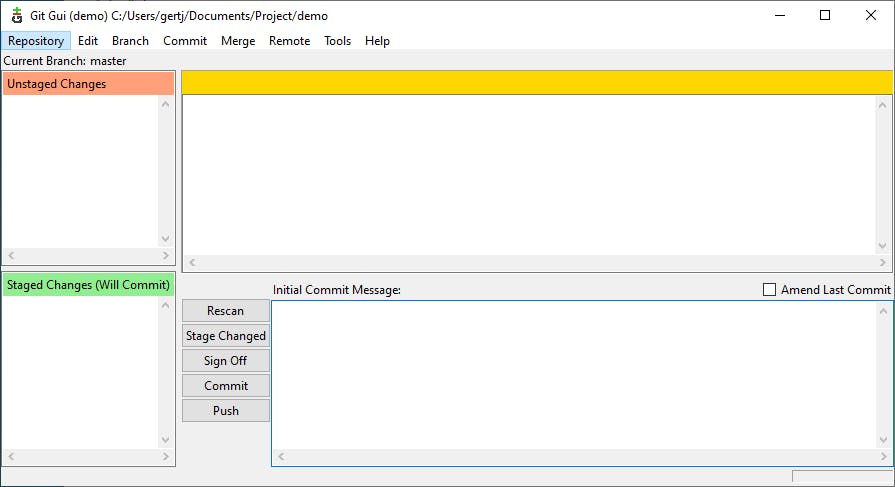 Ook via de grafische interface van Git kun je een repository maken en beheren.