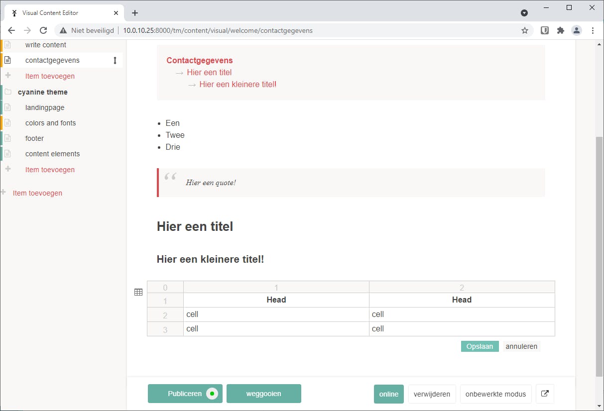 Via de visuele editor kun je content heel eenvoudig bewerken.