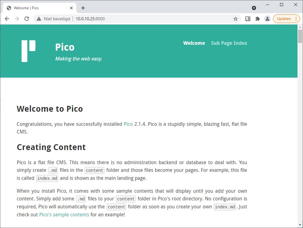 Pico maakt simpelweg een website van Markdown-bestanden in een map.