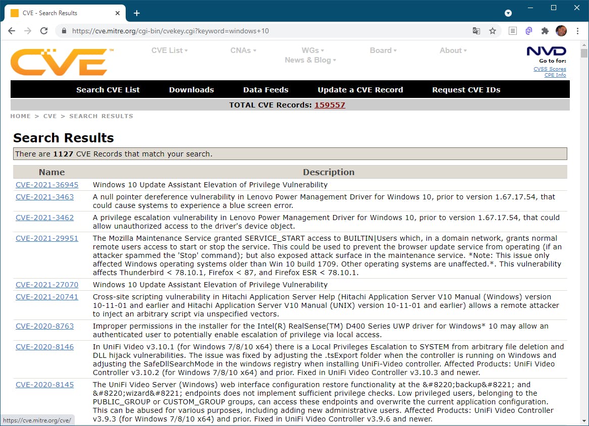 1127 cve-records (van circa 160.000) matchen met de zoekterm ‘Windows 10’.