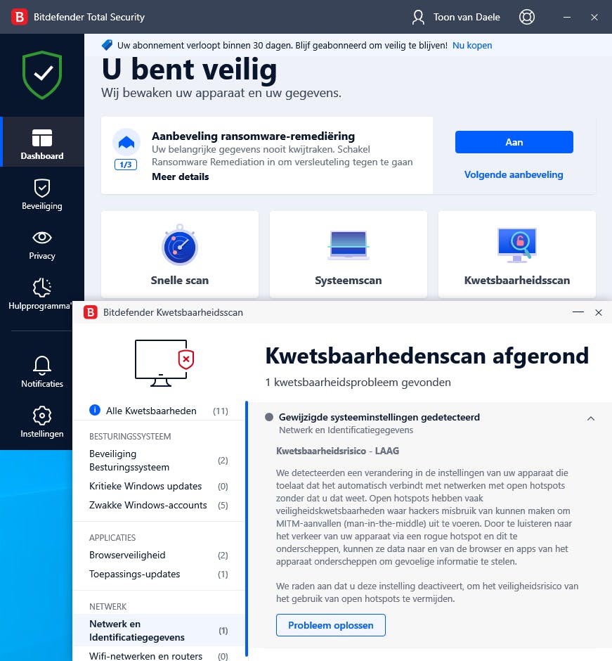 Je kunt (de kwetsbaarheidsscanner van) Bitdefender Total Security gratis uitproberen.