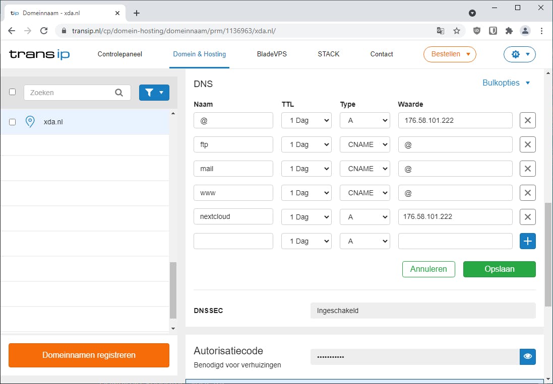 In dit voorbeeld voegen we een subdomein voor Nextcloud toe aan de DNS-instellingen.
