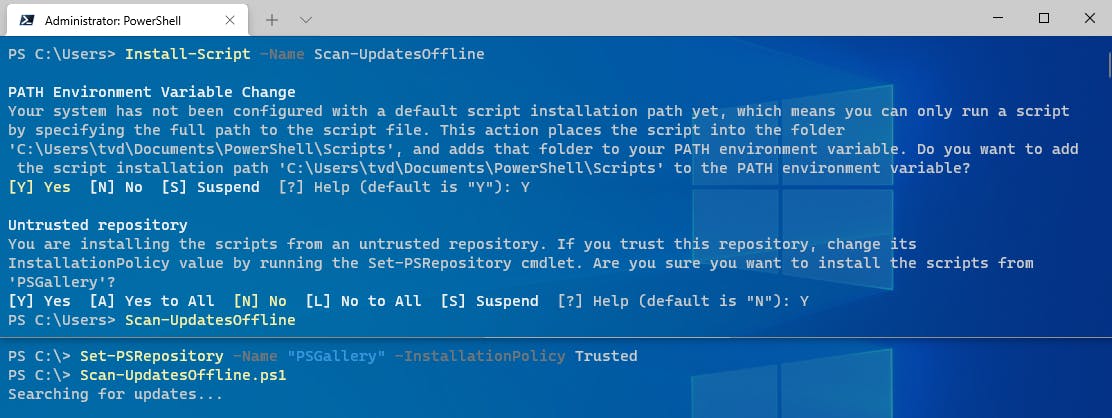 Een scan naar mogelijke updates op basis van het WSUS offline scanbestand.