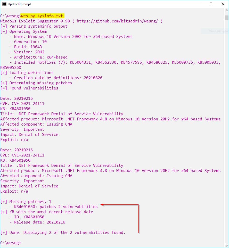 Op dit systeem heeft WES-NG twee kwetsbaarheden gevonden die met één patch te verhelpen zijn.