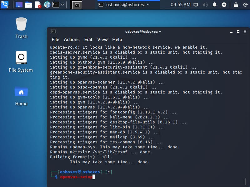 De installatie van OpenVAS in Kali is volop aan de gang.