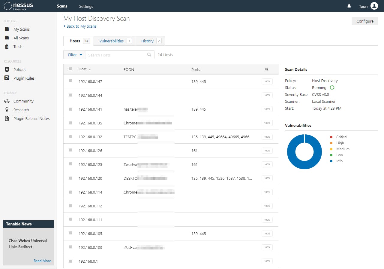 Nessus heeft de hosts gedetecteerd en is bezig aan een eerste kwetsbaarheidsscan.