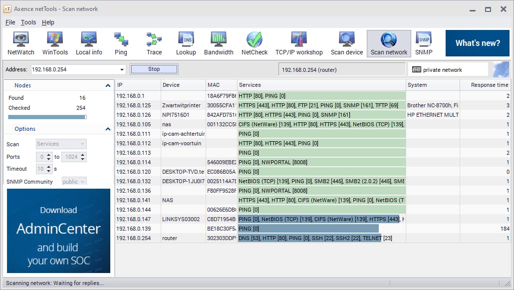 Een snelle netwerkscan, inclusief de actieve services.
