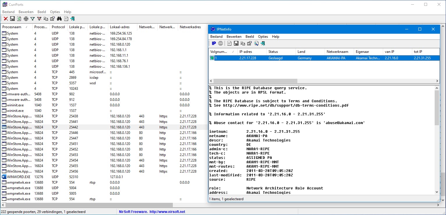 Met currPorts en IPNetInfo zoek je snel uit met welke (externe) servers je pc een netwerkverbinding heeft opgezet.